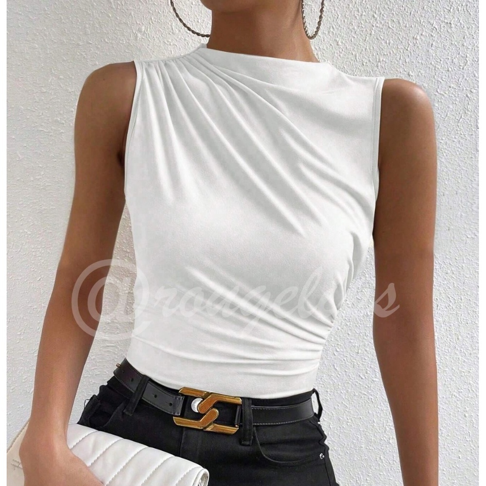 Ruched White Asymmetrical Sleeveless Shirt Top Stretchy